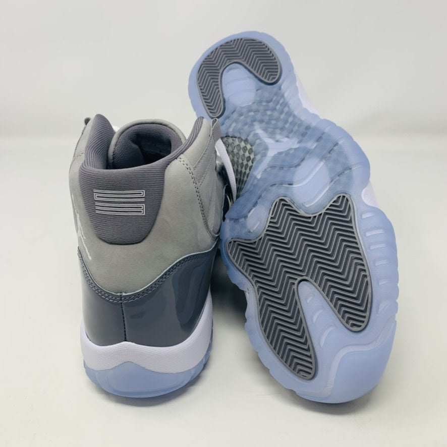 Jordan 11 Cool Grey 2021 sneakers, brand new condition, rear and sole view.