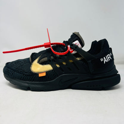 Nike Air Presto Off-White Black 2018 with zip tie, lightly worn condition.