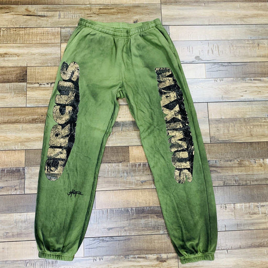 Travis Scott Circus Maximus Sweatpants, brand new, green color with bold text design.