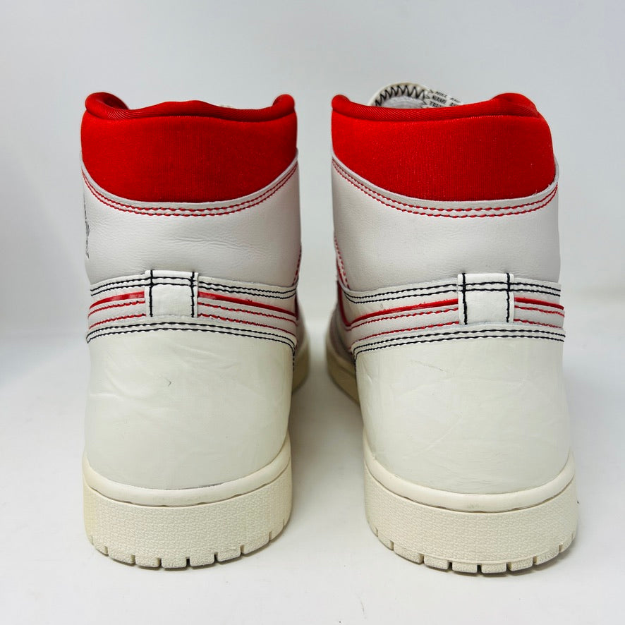 A Jordan 1 Retro High Phantom Gym Red sneaker, USA size 11, with clean white uppers and red accents like the swoosh, sits atop its black and red box. Priced at $1,160, it shows only light wear.