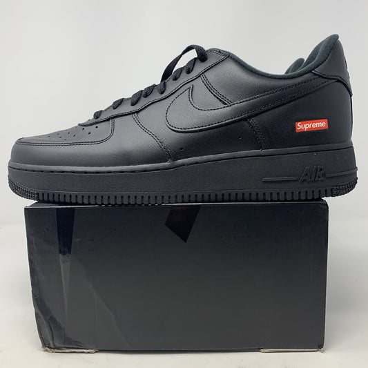 Nike Supreme Air Force 1 Black sneaker, brand new, with Supreme logo and black laces, on black box.