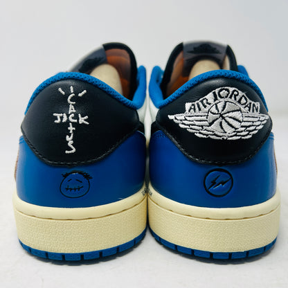 Jordan 1 Retro Low OG SP Fragment x Travis Scott sneakers with original box and laces, condition 9.5/10, 2021 release.