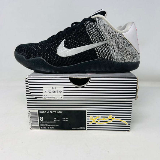 Presented in a striped shoe box with size 8, the 2016 Nike Kobe 11 Elite Low Last Emperor features a gradient heel and CLEAN UPPERS. The pair is 100% authentic, with signature and product details visible on the box.