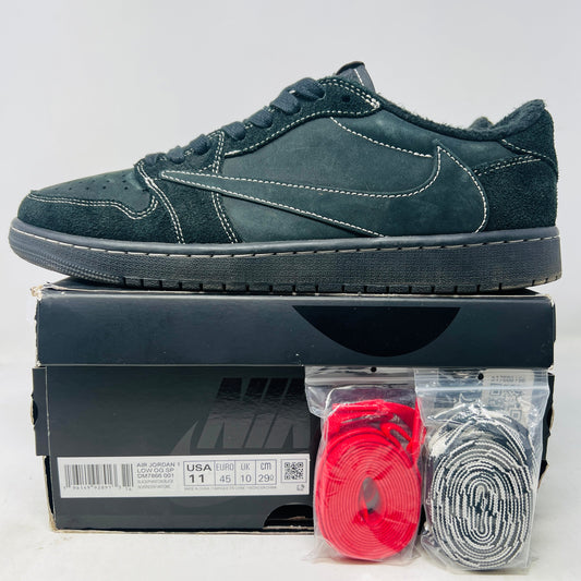 Jordan 1 Retro Low OG SP Travis Scott Black Phantom sneakers with original box and accessories.