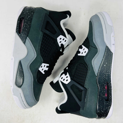 The Jordan 4 Retro Fear (2024) (GS) by Jordan is showcased on a matching shoebox. This BRAND NEW design features a gray and black athletic shoe with white accents, an authentic speckled midsole, mesh side panel, and distinctive lace pattern.