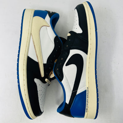 Jordan 1 Retro Low OG SP Fragment x Travis Scott sneakers with original box and laces, condition 9.5/10, 2021 release.