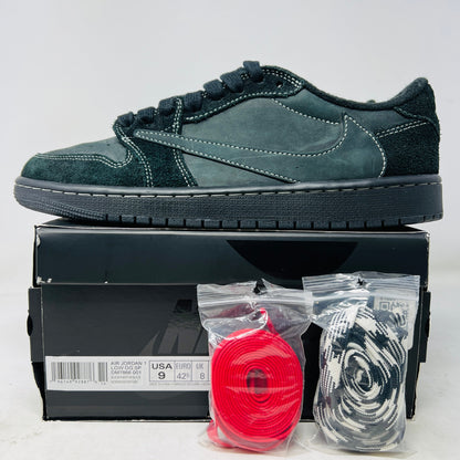 Jordan 1 Retro Low OG SP Travis Scott Black Phantom sneakers with accessories and box.