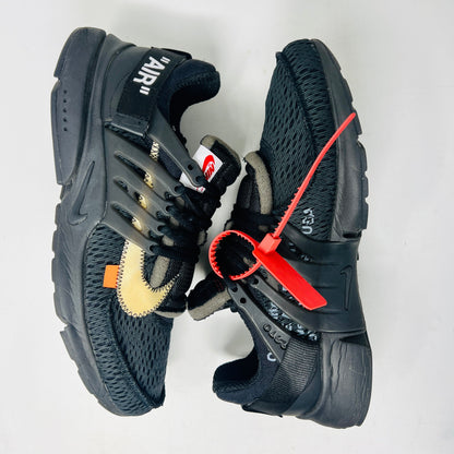 Nike Air Presto Off-White Black 2018 sneakers with zip tie, lightly worn.