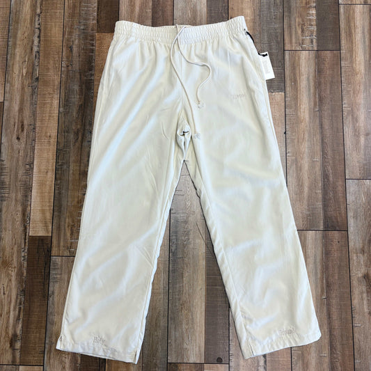 Holy Ground Pants Silver on wooden floor, featuring elastic waist and drawstring.