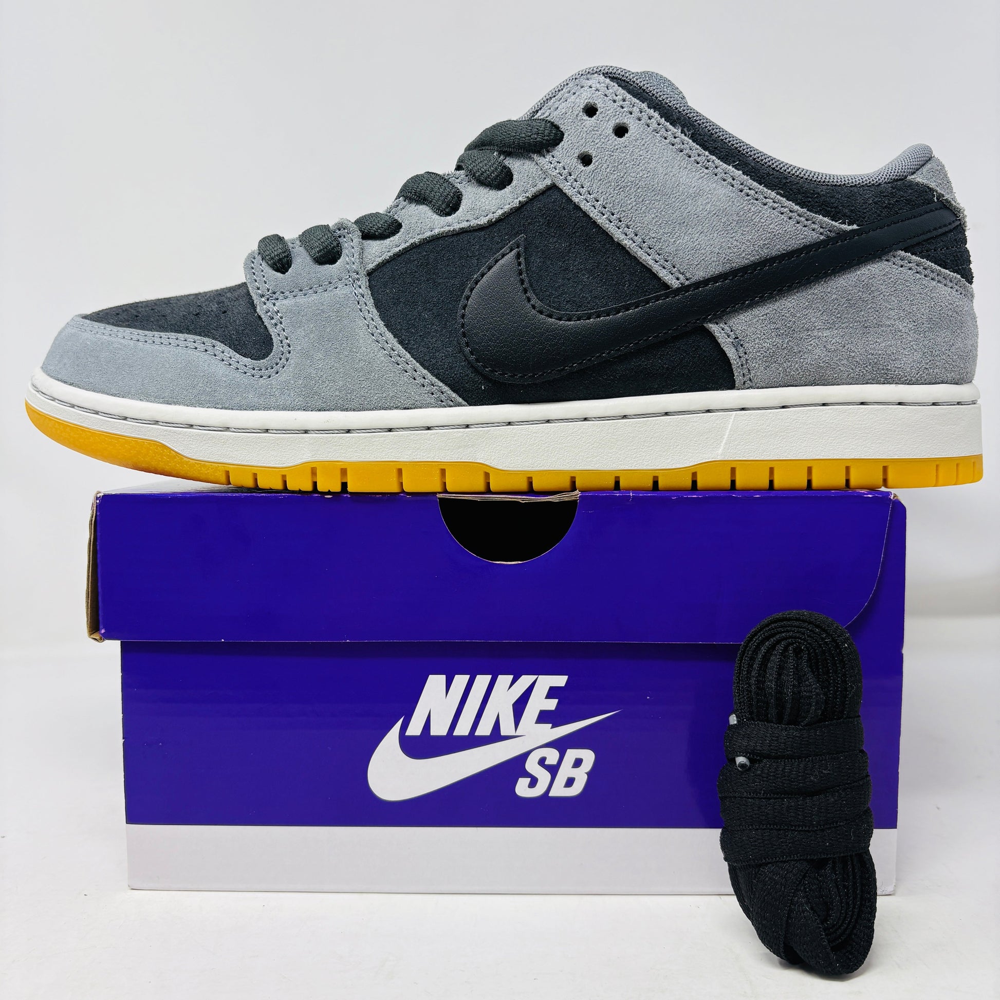 Nike SB Dunk Low Dark Smoke Grey sneaker, 2024, brand new with extra laces.