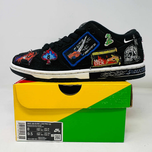 Nike SB Dunk Low Pro QS Neckface sneaker on colorful box, condition 8.5/10, clean uppers.