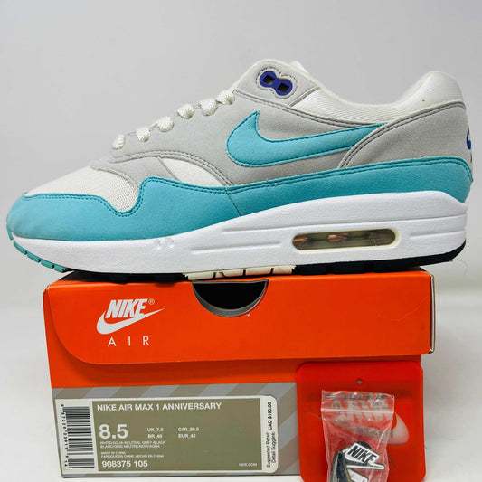 Nike Air Max 1 Anniversary Aqua sneakers with box and pins, lightly worn, 2018 model.