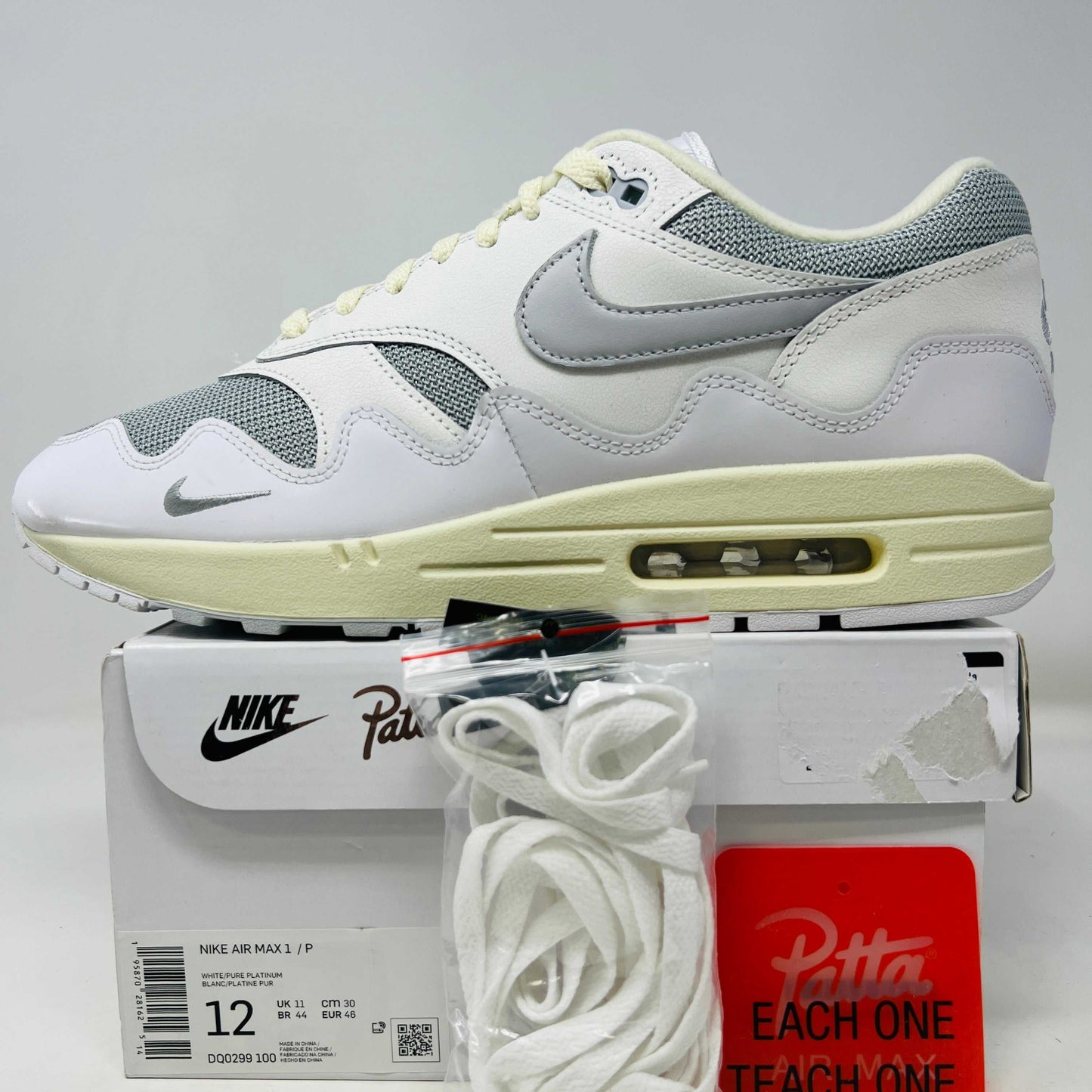 Nike Air Max 1 Patta Waves White sneakers with white laces and original box, VNDS condition.