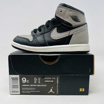 Jordan 1 Retro High Shadow 2018 (TD) sneakers on box, minor creasing, clean uppers.