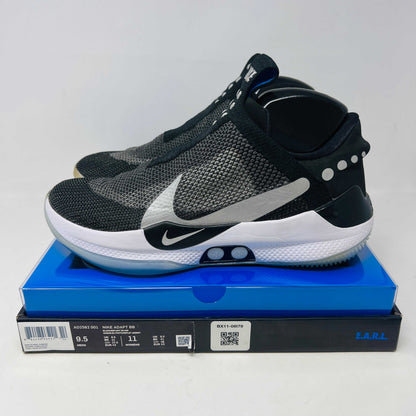 Nike Adapt BB Black Pure Platinum sneakers with charging pad and shoe tree, 2019 model.