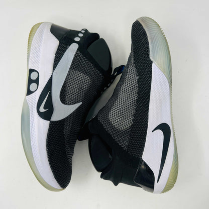 Nike Adapt BB Black Pure Platinum sneakers with signs of wear, 8.5/10 condition, includes charging pad and shoe tree, 2019 model.