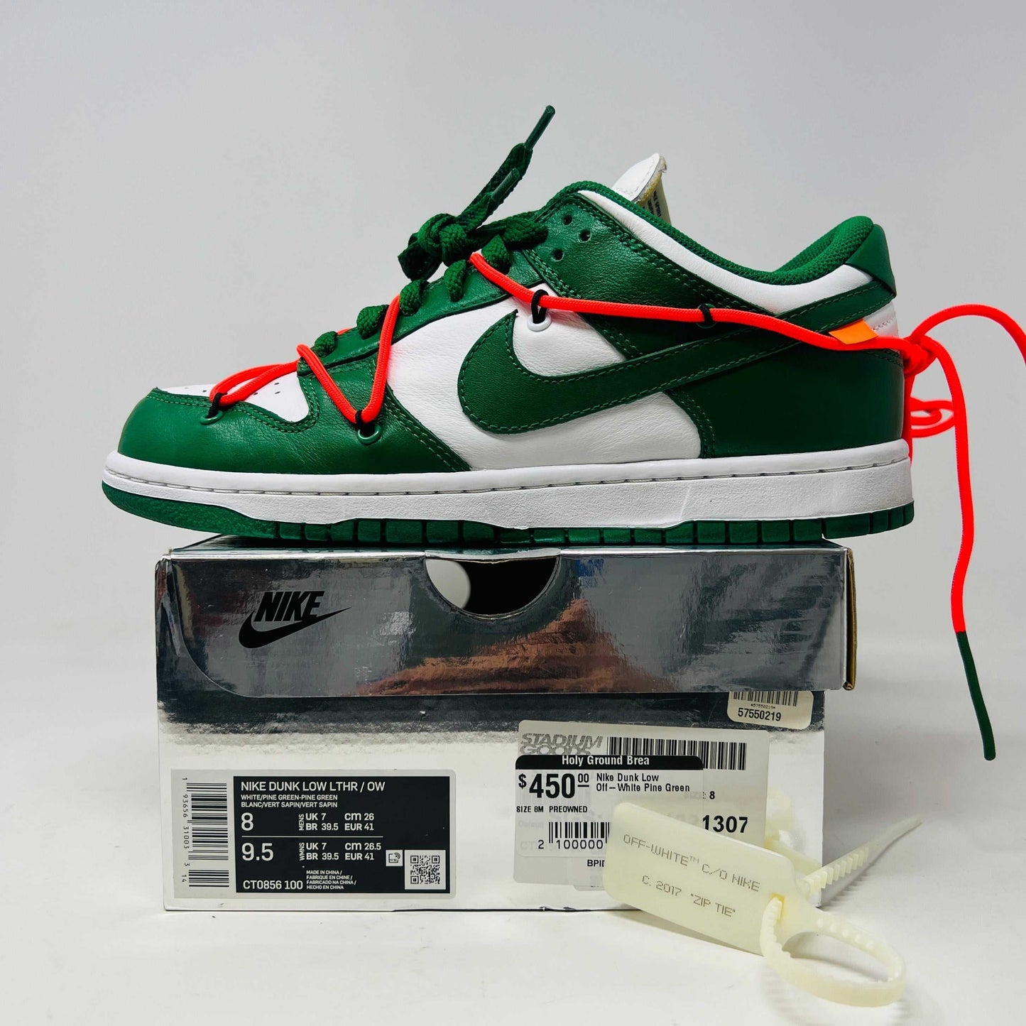 Nike Dunk Low Off-White Pine Green sneakers with box and original accessories, condition 8.5/10.