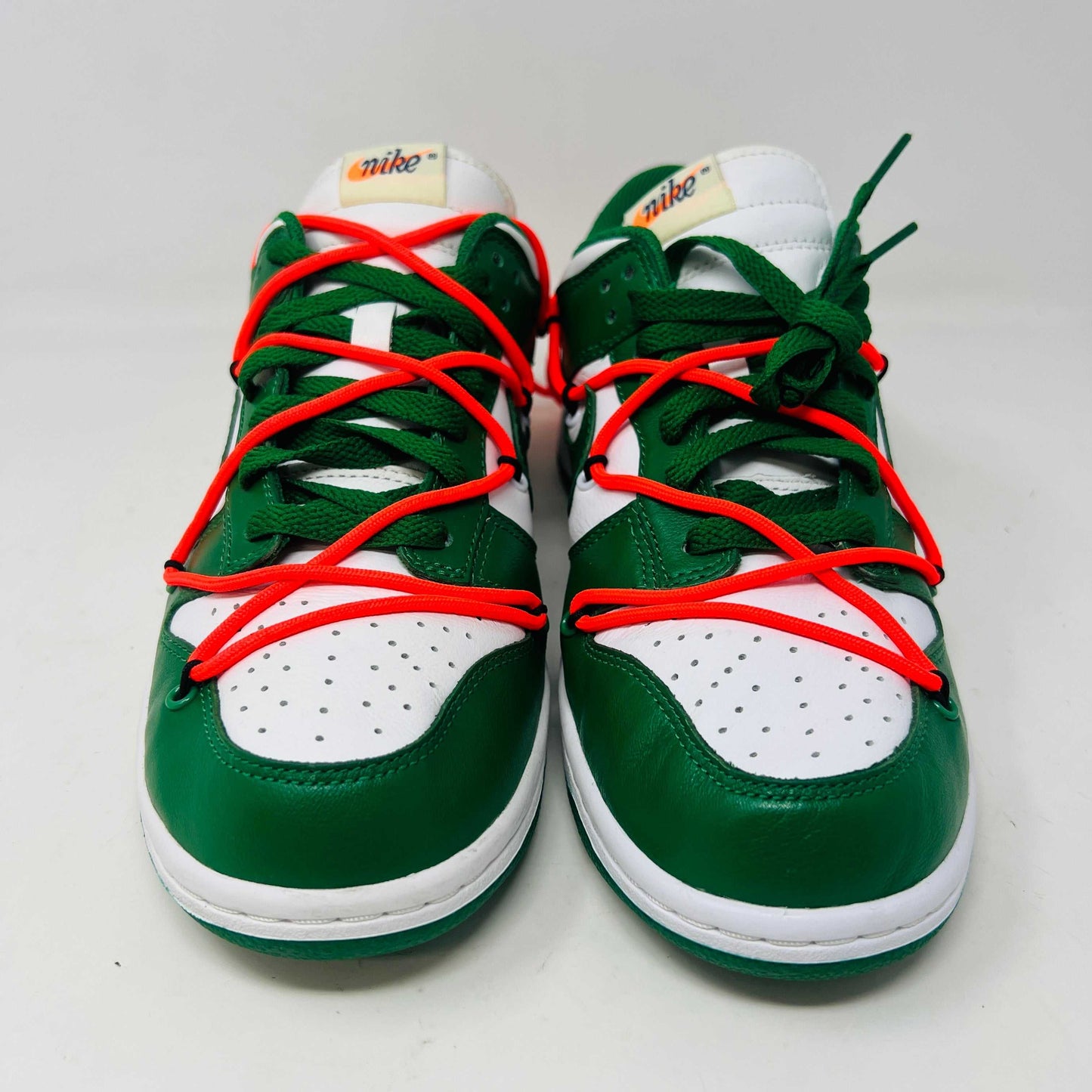 Nike Dunk Low Off-White Pine Green sneakers, clean uppers, slight star loss, 2019 model.