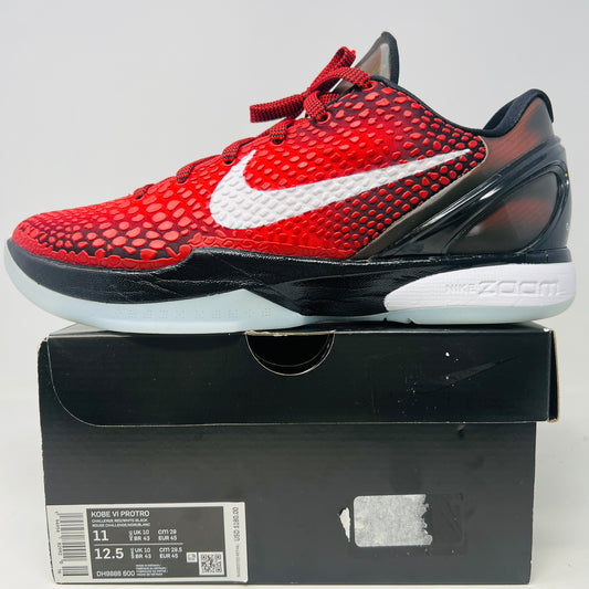 The Nike Kobe 6 Protro Challenge Red All-Star (2021) sneakers feature a red textured pattern, pristine uppers with a white swoosh, and a black midsole with a translucent bottom. Displayed on a black shoebox, sizes available are 11 and 12.5.