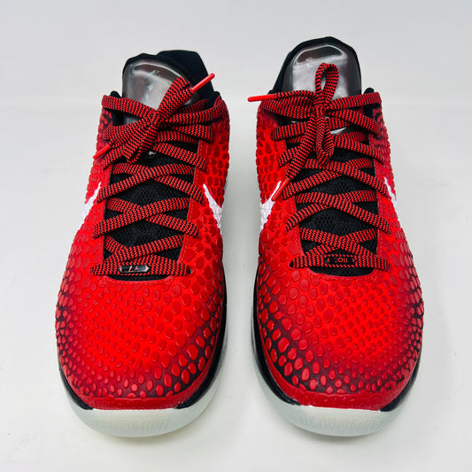 The Nike Kobe 6 Protro Challenge Red All-Star (2021) sneakers feature a red textured pattern, pristine uppers with a white swoosh, and a black midsole with a translucent bottom. Displayed on a black shoebox, sizes available are 11 and 12.5.