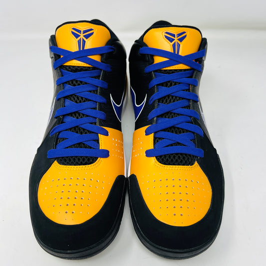 The Kobe 4 Nike ID Lakers Away by KOBE, in black with blue swoosh and white midsole, features vibrant yellow accents on the toe and heel. It sits proudly on a black NikeID box with accessories included; the box remains in good condition.