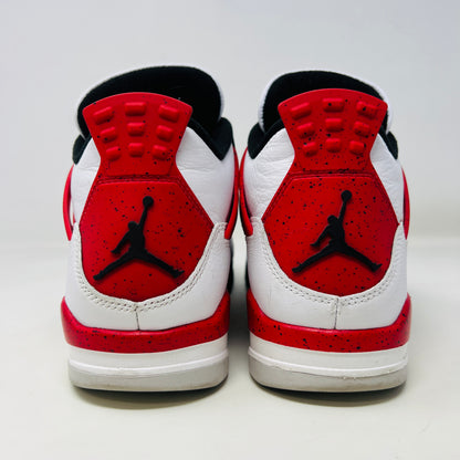 The Jordan 4 Retro Red Cement sneaker, white with red and black accents and featuring visible air cushioning and signature side netting, is displayed on its immaculate black shoebox. The box label indicates a size 9.