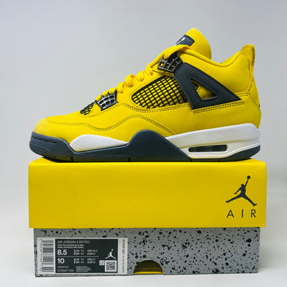 The Jordan 4 Retro Lightning (2021) sneakers have yellow uppers with black and white accents, visible air cushioning, and distinctive side netting. They come in a matching yellow and gray speckled box, ideal for everyday style.