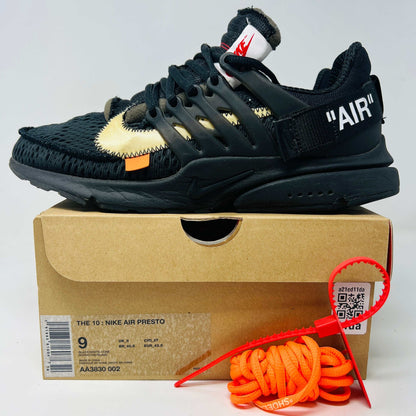 Nike Air Presto Off-White Black 2018 with box, hang tag, and orange laces.