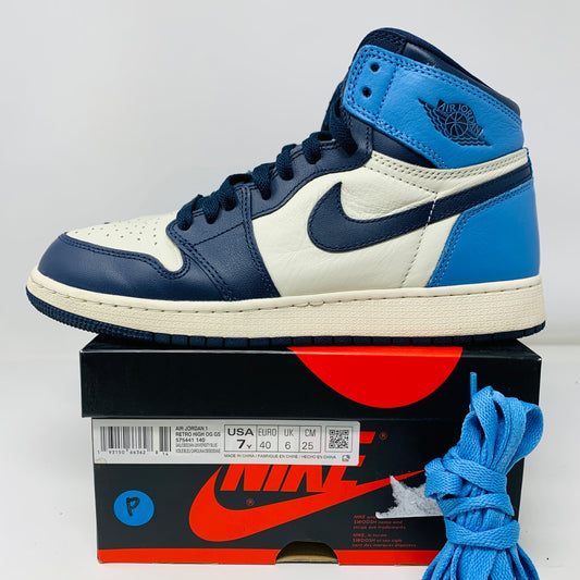 Jordan 1 Retro High Obsidian GS sneakers, size 7Y, in good condition with box and extra laces, 2019 model.