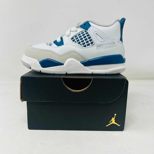 The Jordan 4 Retro Military Blue (2024) (TD) is a small basketball sneaker with white leather, blue accents, and a breathable mesh panel, showcased on a black shoe box with a gold Jordan logo.