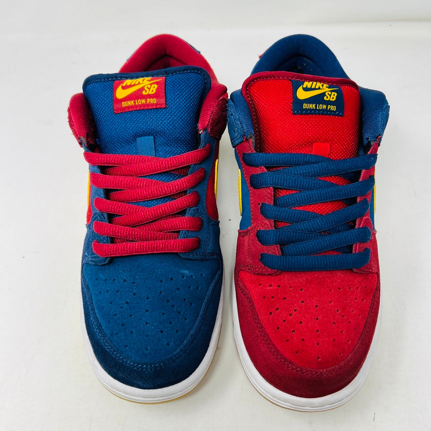 Nike SB Dunk Low Barcelona sneakers, size 8.5, from 2021 with two extra laces, showing clean uppers and general wear on soles.