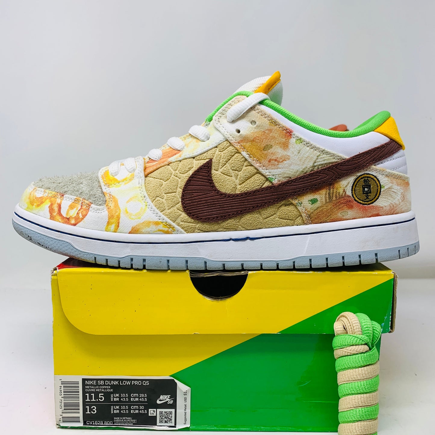 Nike SB Dunk Low Street Hawker 2021 sneakers, size 11.5, on box with extra laces.