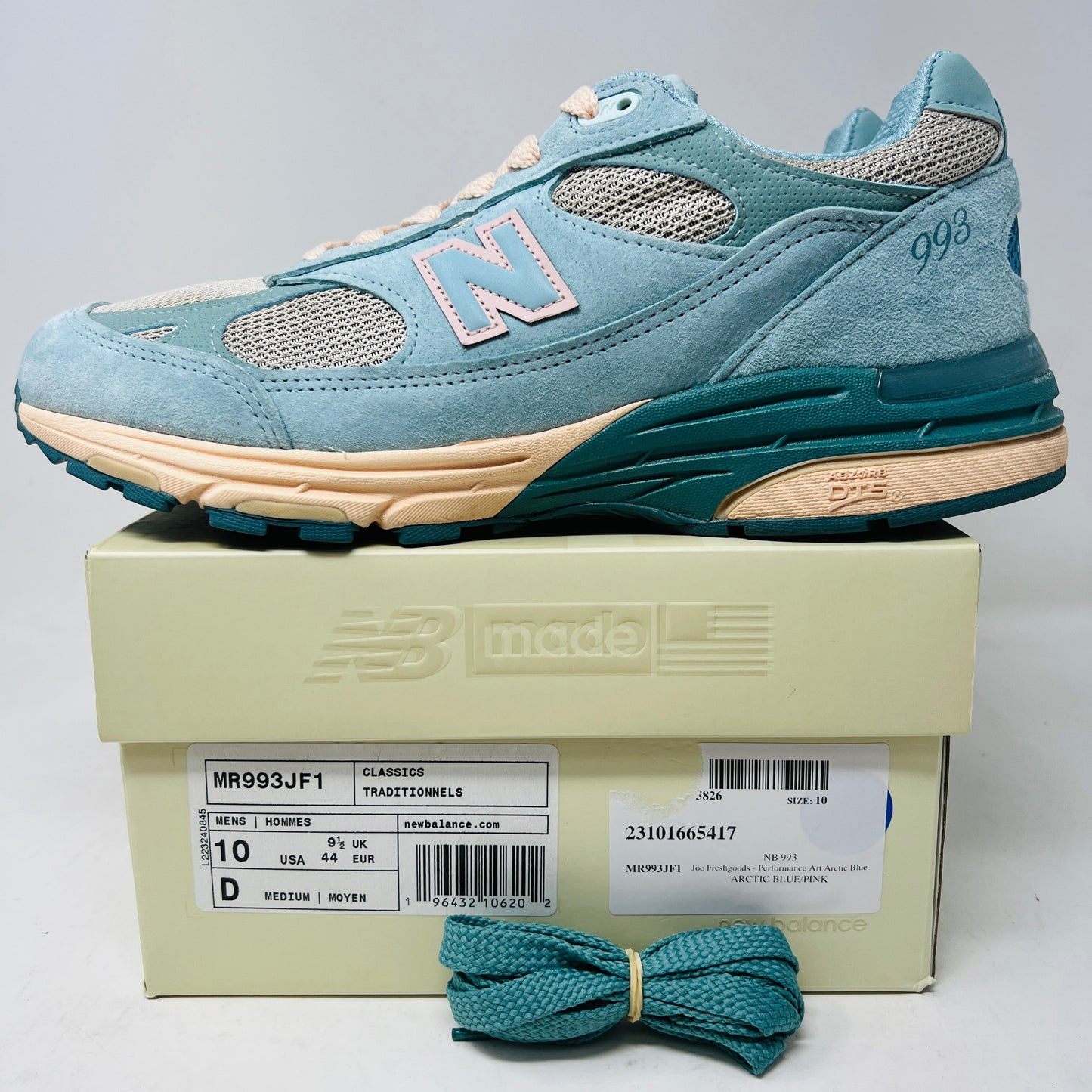 Balance 993 Joe Freshgoods Performance Art Arctic Blue sneaker, size 10, clean uppers and soles, includes extra laces, year 2022.