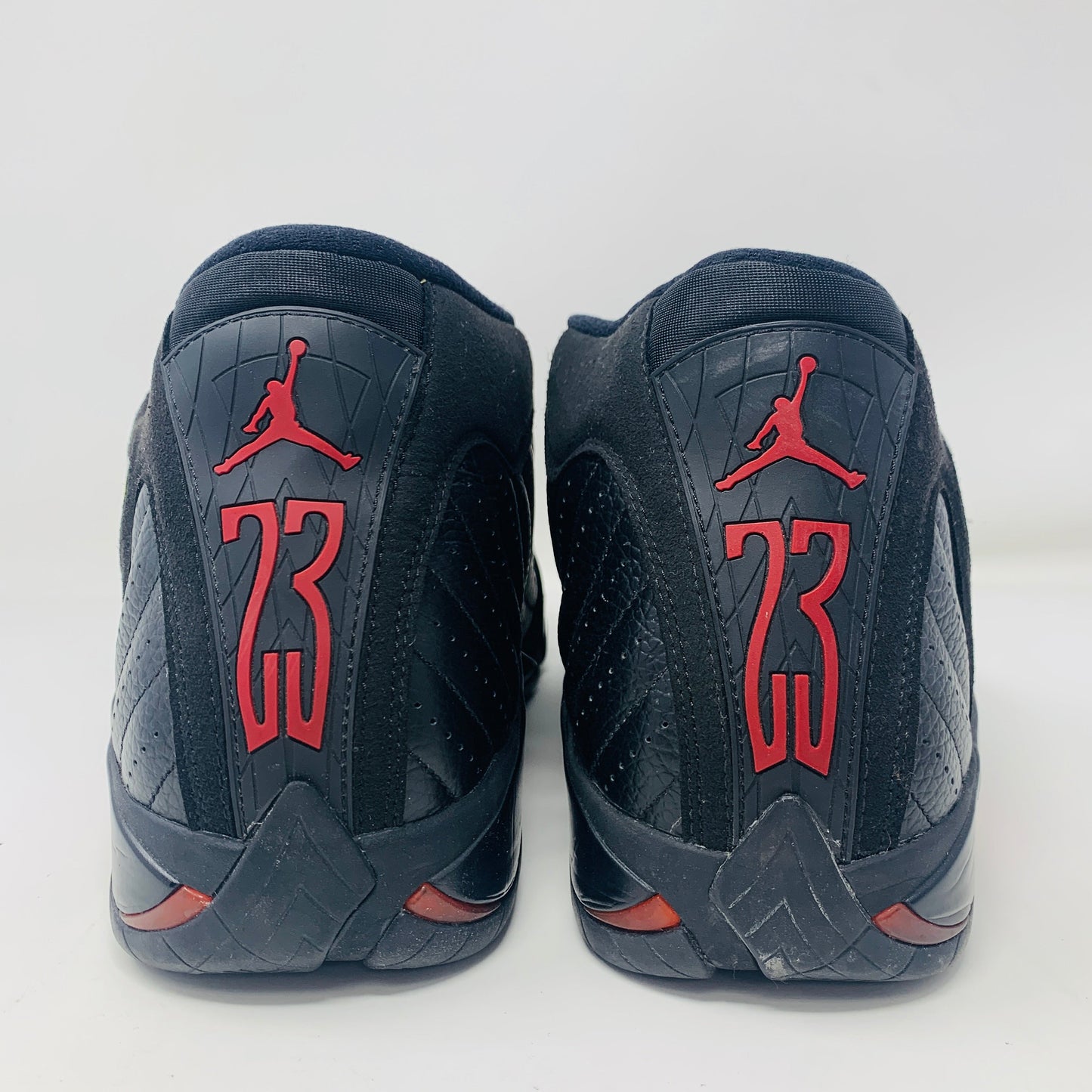 Jordan 14 Retro Last Shot 2011 in size 12, black and red design, condition 8.5/10, with good box condition.