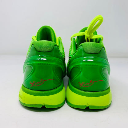 Nike Kobe 6 Protro Grinch 2020 sneakers with bright green design and crimson laces.