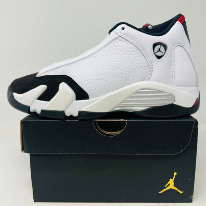 Jordan 14 Retro Black Toe 2024 GS sneakers in white and black on shoe box.