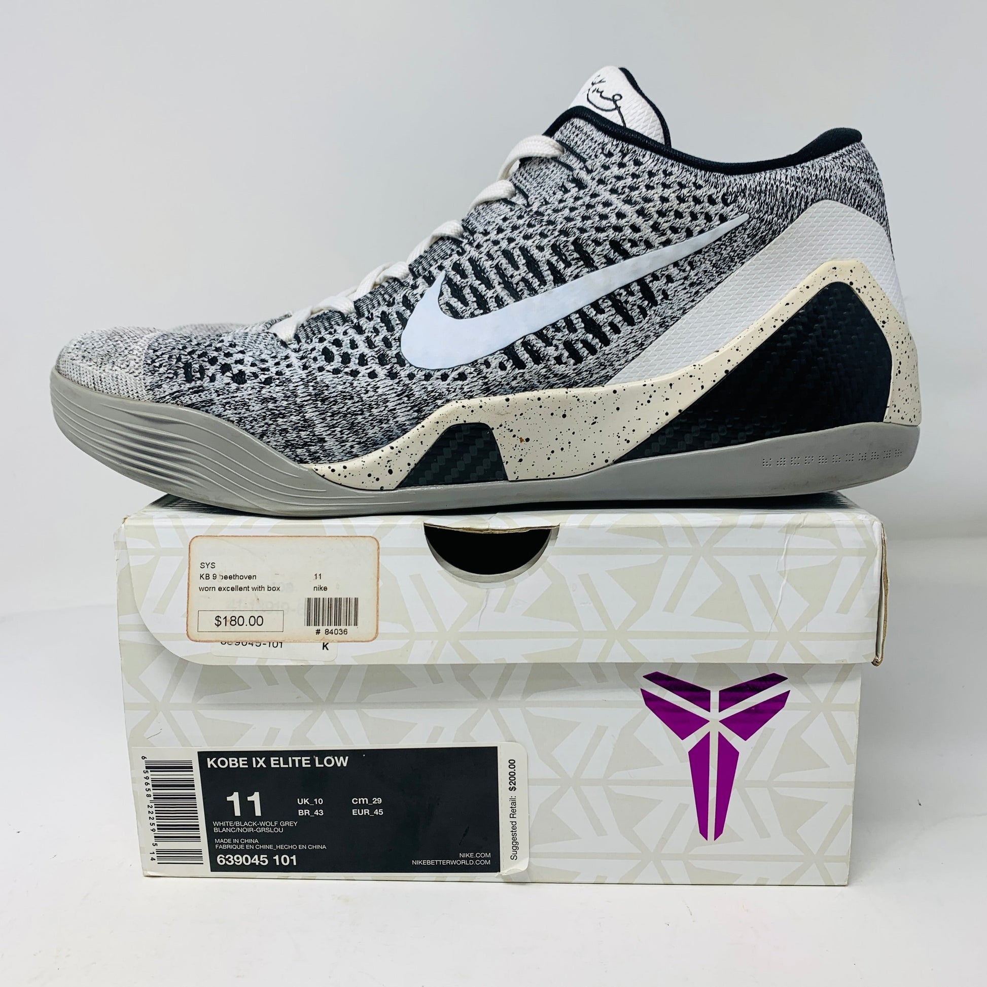 Nike Kobe 9 Elite Low Beethoven sneakers with clean uppers, displayed on box, size 11.