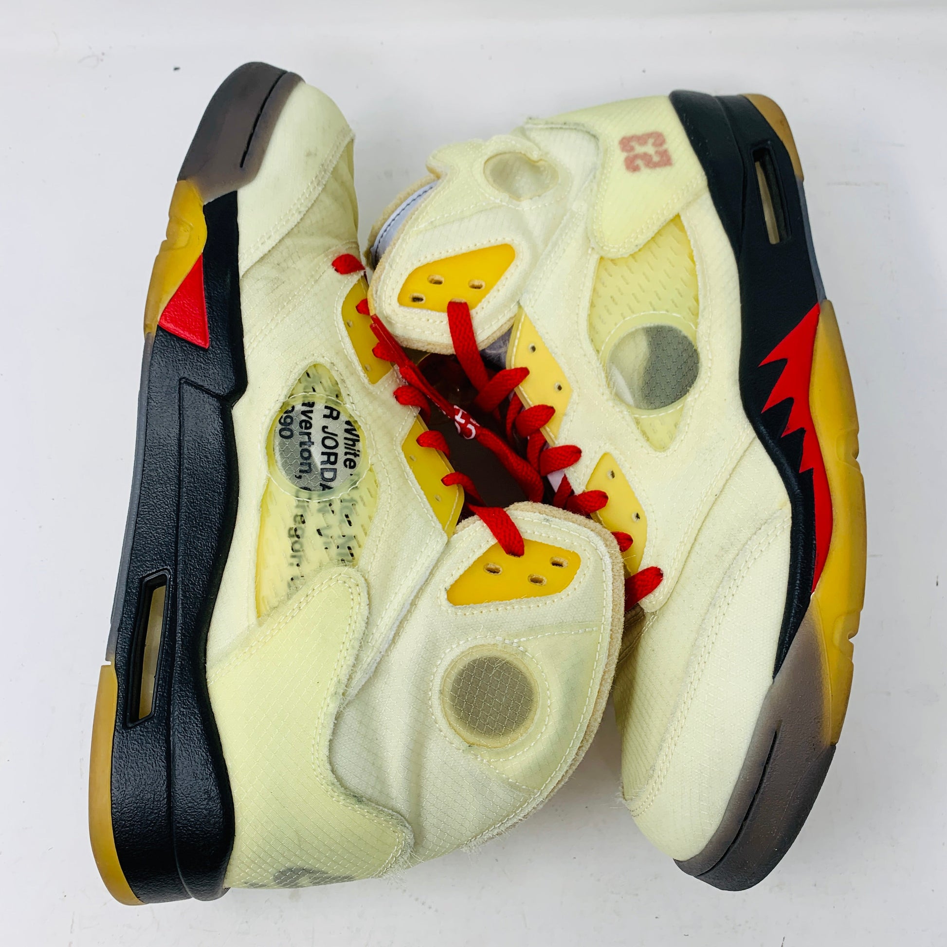 Jordan 5 Retro Off-White Sail sneakers, size 11.5, lightly worn, with original box and accessories, 2020 release.