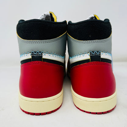 The Jordan 1 Retro High OG SP Union LA Chicago Shadow sneaker, featuring red, white, and gray sections with a black Nike swoosh, is displayed on a shoebox covered in shoe images. This BRAND NEW 2025 sneaker includes detailed stitching, a visible yellow tag, and comes with EXTRA LACES.