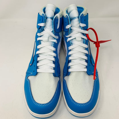 Jordan 1 Retro High Off-White University Blue sneakers with white and blue design, red tag detail, and premium materials.