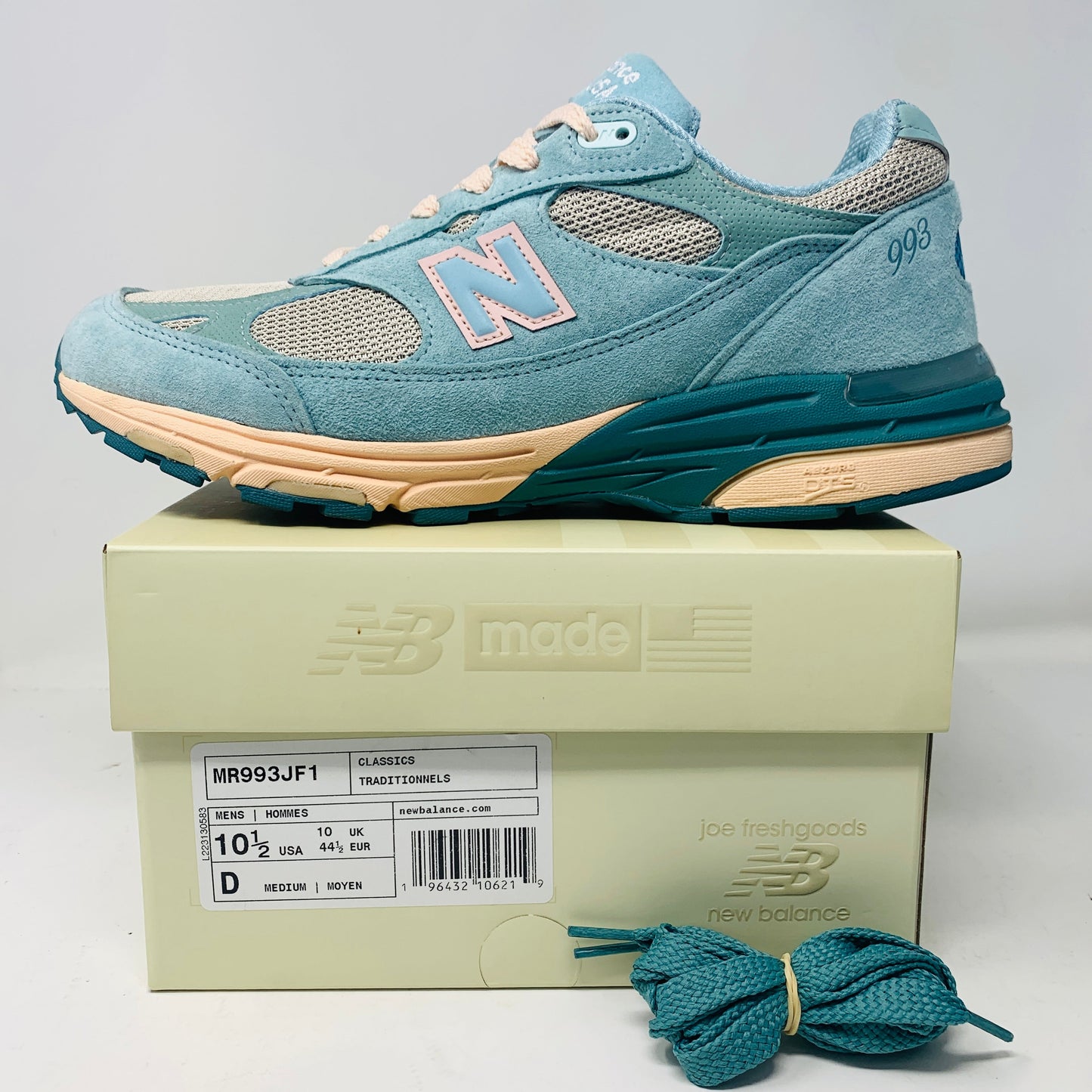 New Balance 993 Joe Freshgoods Performance Art Arctic Blue sneakers, size 10.5M, 2022 release, with extra laces.