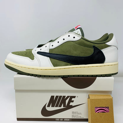 Jordan 1 Retro Low OG SP Travis Scott Medium Olive sneakers with box and extra laces.