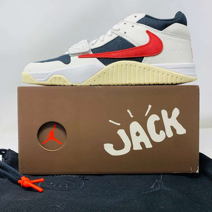 Jordan Jumpman Jack TR Travis Scott University Red sneaker on box with branding.