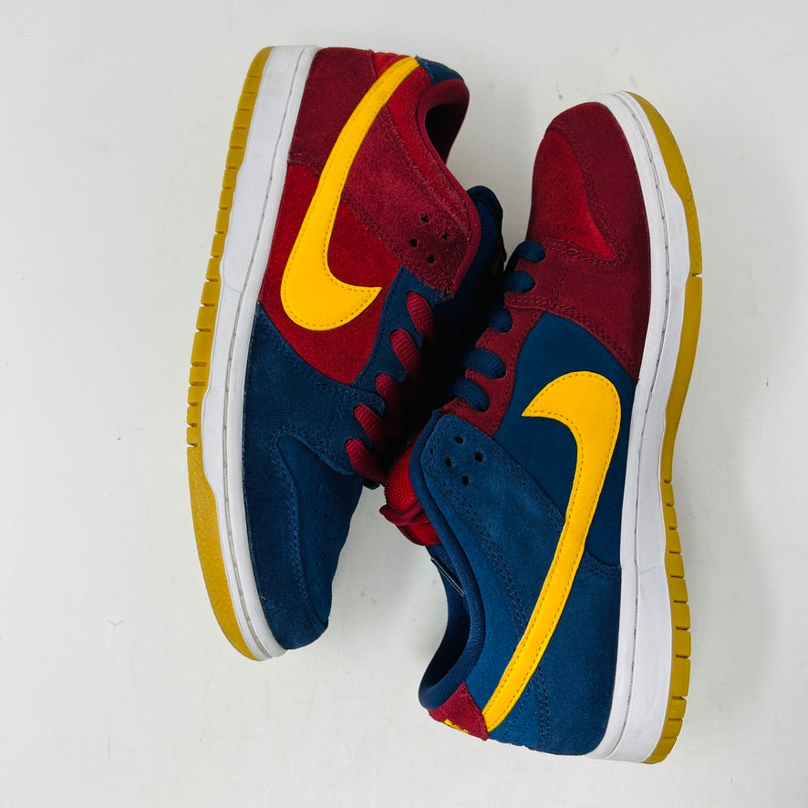 Nike SB Dunk Low Barcelona sneakers with red, blue, and yellow design, size 8.5, 2021 edition.