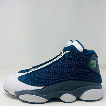 Jordan 13 Retro Flint 2020 sneaker in white, blue, and grey colorway, side view.