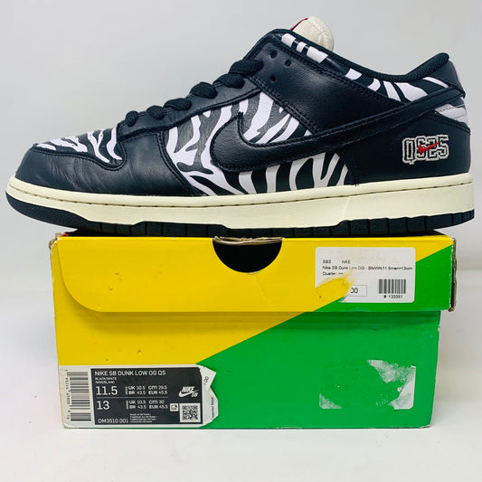 Nike SB Dunk Low OG QS Quartersnacks Zebra sneaker, size 11.5M, black and white zebra pattern, condition 8.25/10, 2021 model.