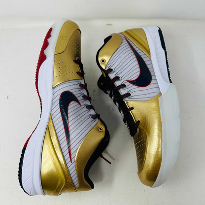 Nike Kobe 4 Protro Gold Medal 2024 basketball shoes in gold and black colorway.