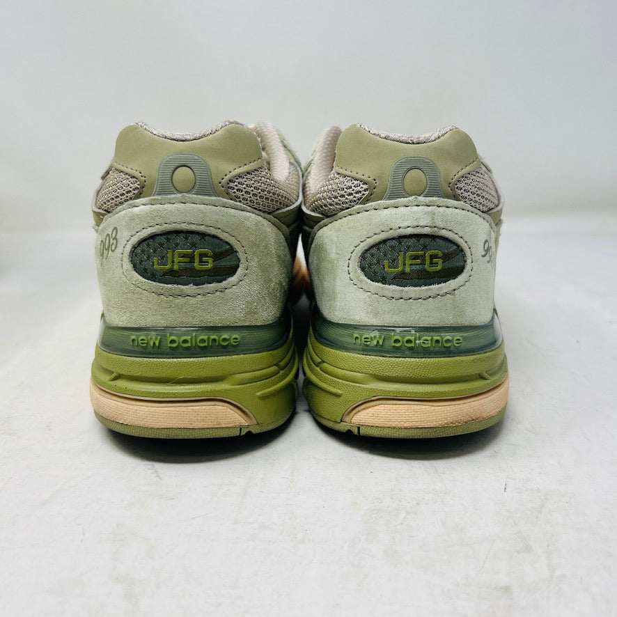 Balance 993 Joe Freshgoods Performance Art Sage sneakers, rear view. Clean uppers, light wear, 2022 model.