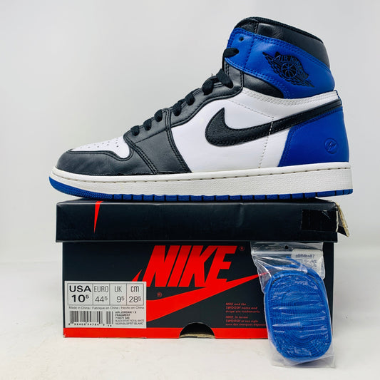 Jordan 1 Retro High Fragment sneakers, clean uppers, blue laces, original box, 2014 model.