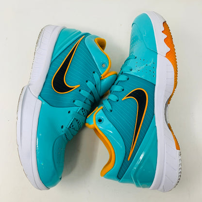 Nike Kobe 4 Protro Undefeated San Antonio Spurs sneakers with slight toe and midsole creasing, blue and orange colorway, includes orange laces, 2019 release.